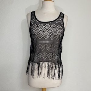 3/$25 Flying Tomato Black Nylon Lace Crochet Fringe Tank Top Size Medium Boho